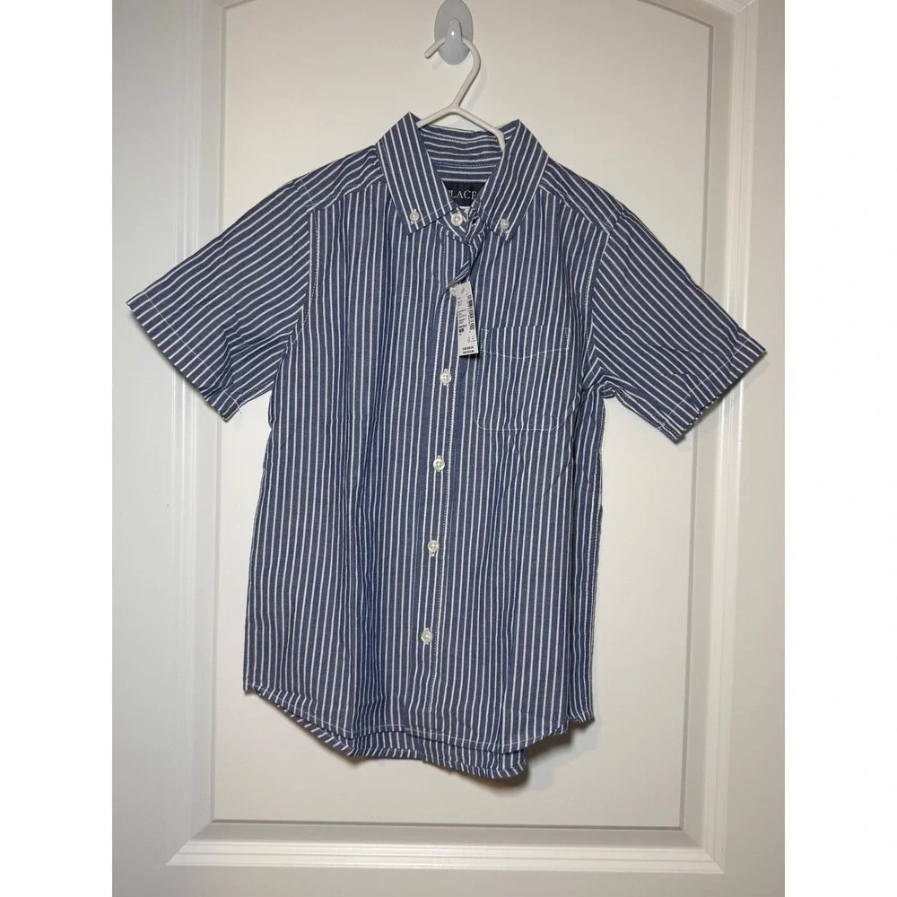 The Childrens Place Boys Blue White Striped Short Sleeve‎ Button Down Shirt 7/8